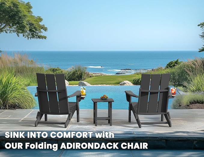 Adirondack Chair with Cup Holder, Folding Outdoor Lawn Chair, HDPE Plastic Fire Pit Chair, Weather Resistant Patio Chairs for Deck, Porch, Backyard, Garden, Slate Gray