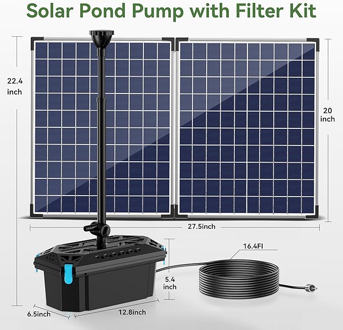 NFESOLAR 50W Solar Pond Filter Fountain, 580 GPH Water Pump, 10 FT Extension Cord, Solar Fountain Pump with Pond Filter Box Outdoor for Koi Ponds Water Feature