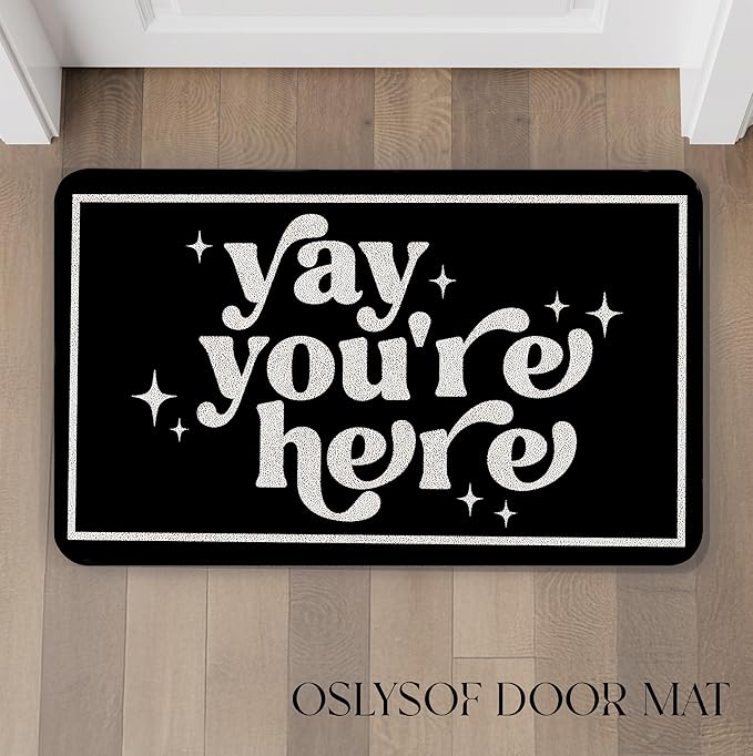 Funny Black Door Mat, Yay You're Here Doormat for Front Door Indoor Outdoor Porch Entrance Entryway, Funny Welcome Mat Outside, 17x30 Inch