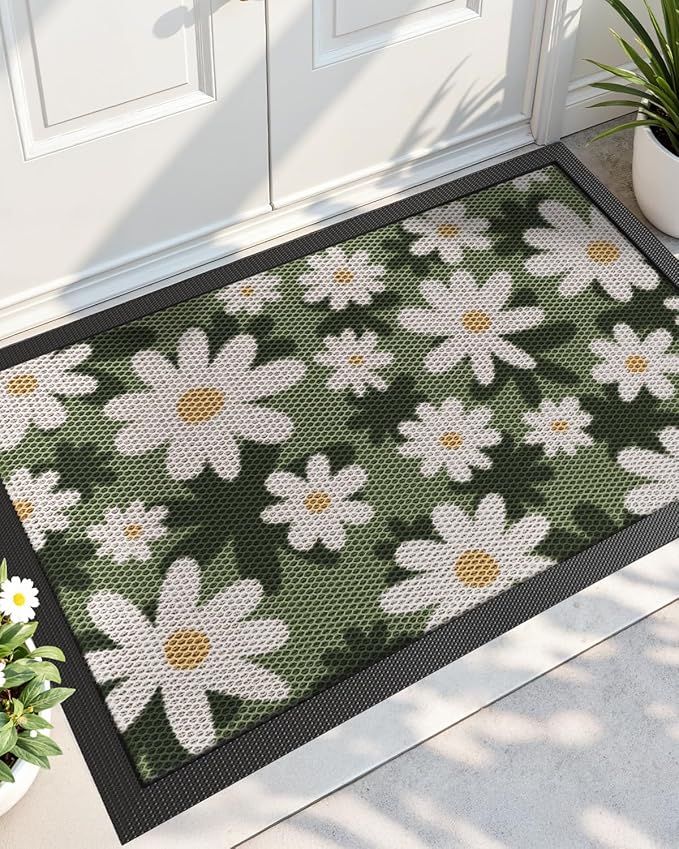 DEXI Front Door Mat Outside Entrance, 32x48 Spring Flower Welcome Doormat, Non Slip Dirt Resist Heavy Duty Entry Mats for Entryway, White and Green