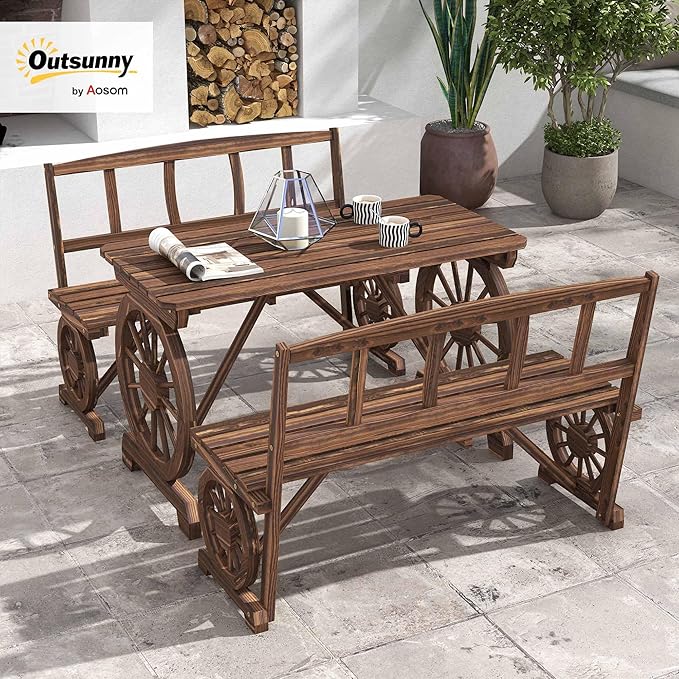Outsunny Outdoor Table and Chairs for 4 People, Wooden Patio Table and Dining Bench Set, 3 Piece All Weather Furniture Set with Wagon Wheel Design for Backyard Garden, Deck, Carbonized
