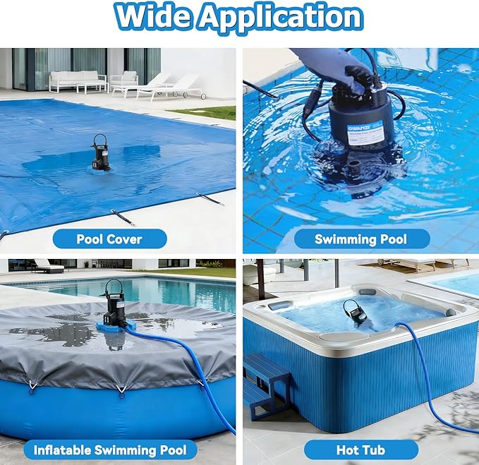 1/2HP Automatic Swimming Pool Cover Pump 3500GPH Submersible Water Pump with 3/4” Check Valve Adapter & 25ft Power Cord 110V Sump Pump for Swimming Pool Hot Tubs Pond Basement Rooftops