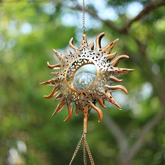 Solar Wind Chimes, Sun Wind Chime Outdoor Clearance w/Glowing Crackle Glass LED Unique Wind Bells for Outside Waterproof Chimes, Gifts for Her/Him (42" Long Metal Chimes)…