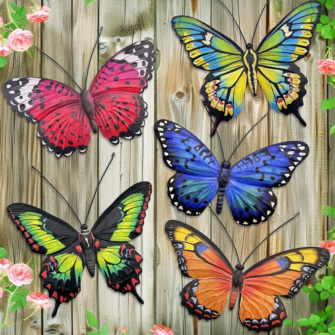 EOORAU Metal Butterfly Wall Outdoor Decor - 5 Pcs 3D Lifelike Metal Butterflies Wall Art Sculpture Hanging Decorations for Outside Fence Yard Patio Garden