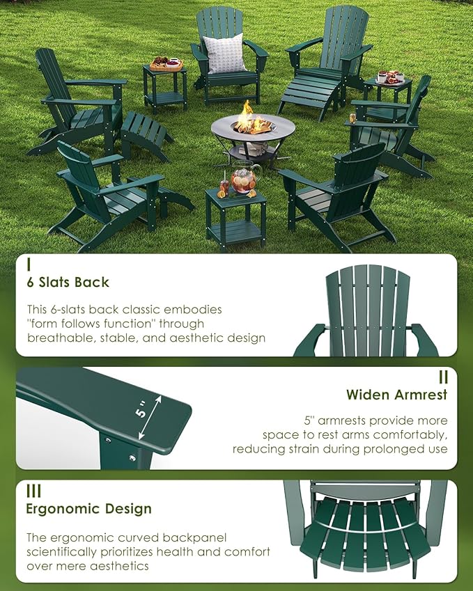 GREENVINES Adirondack Chairs Set of 2 | HDPE Plastic | Oversized Fire Pit Chair | All Weather | Forest | Poly Lumber | for Outdoor Deck Backyard Patio Garden
