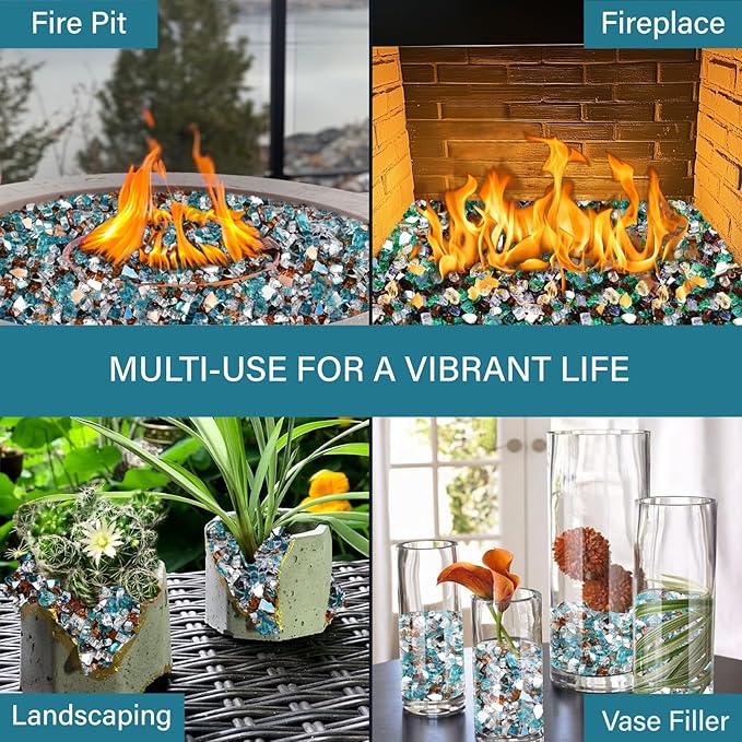 NUPICK 10 Pound Fire Glass, 1/4 Inch Reflective Fire Pit Glass, Tempered Firepit Glass Rock for Propane or Natural Gas, Glass Rocks for Fire Pit Table or Fireplace, Aqua Blue & Copper & Platinum Mix