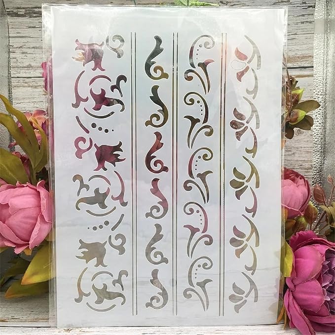 TIAMECH A4 Reusable Border Edge Corner Stencil for Painting - Furniture Floral Lines Layering Template, DIY Wall Art, Wood Furniture, Scrapbook & Crafts (8.3x11.7inch)