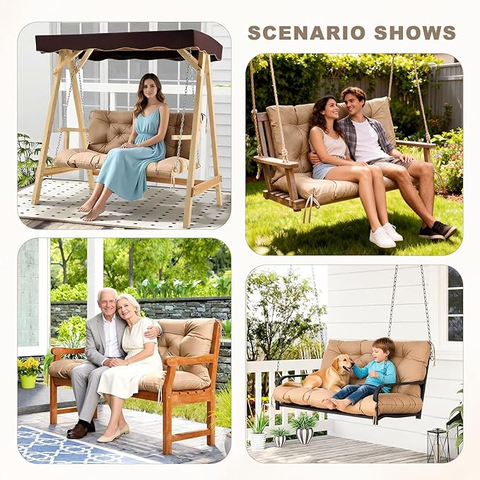 Porch Swing Cushion with Backrest, Waterproof Bench Cushion for Outdoor Furniture, 2-3 Seater Replacement Thickened Swing Cushion with Ties, Patio Outdoor Backyard and Garden (Khaki,40x40in)