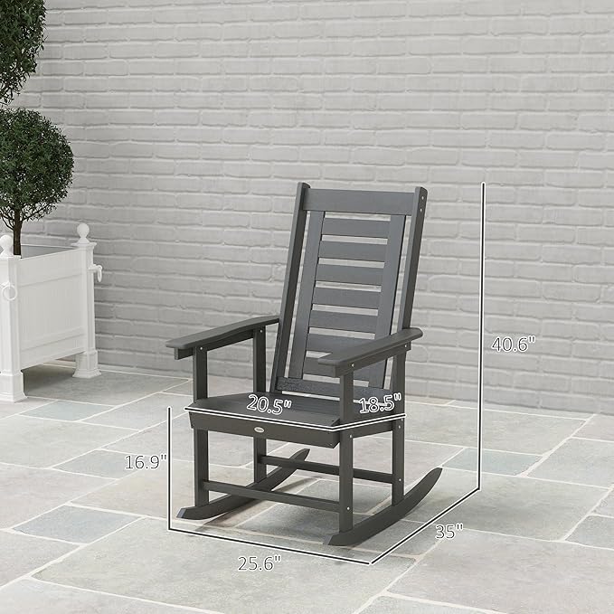 Outsunny Outdoor Rocking Chairs Set of 2, HDPE Patio Rocking Chairs with 28" High Back and Wide Armrests, All-Weather Slatted Porch Rockers for Garden, Balcony, Fire Pit, Dark Gray