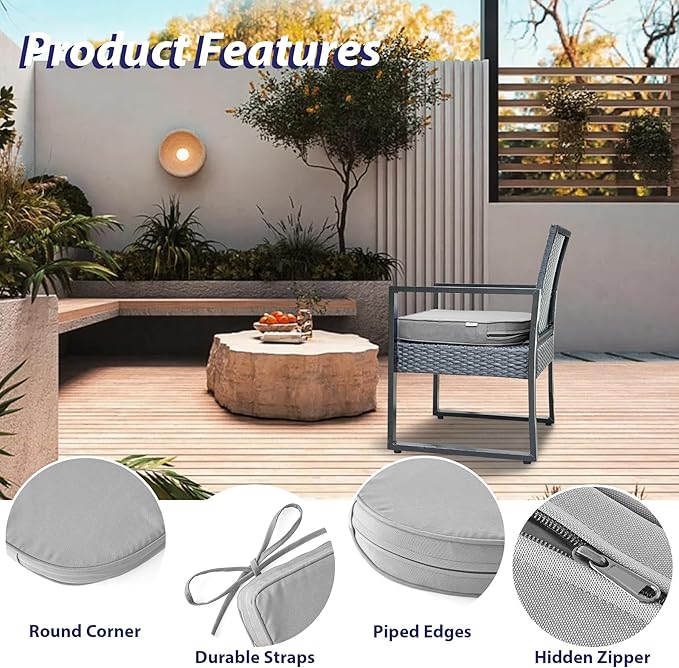 Outdoor Chair Cushions Set of 4 -Waterproof Outdoor Seat Cushions for Patio Furniture, Patio Chair Cushion with Handle and Ties, Round Out Door Chair Pads,19" x 19" x 3", Grey
