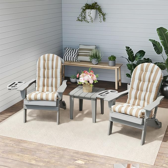 Adirondack Chair Cushion Set of 4, Thickened Patio Chair Cushions with Ties, Waterproof and UV-Protected Rocking Chair Cushion for Indoor and Outdoor, Stripe Khaki.