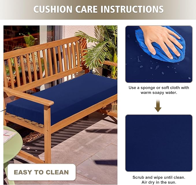 Outdoor Bench Cushion Waterproof 45"x18" – Fade-Resistant Patio Furniture Cushion with Ties for Porch Swing, Loveseat, or Indoor Bench Replacement, Navy Blue
