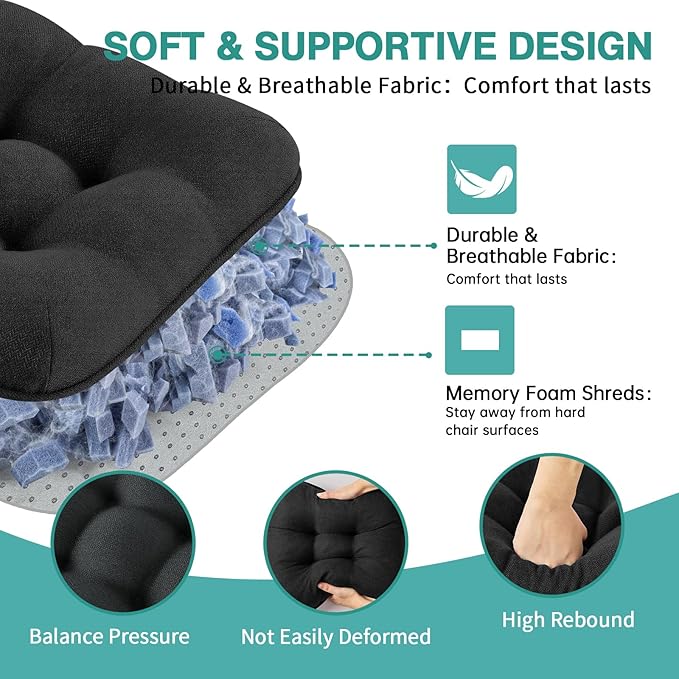 BETU Black Chair Cushions for Dining Chairs Set of 4,3.5" Thick Kitchen Table Chair Pads with Ties,Non Slip Backing and Covers,Seat Cushion for Dining Room,Bar,Patio Chairs,16"X16"X3.5",Black