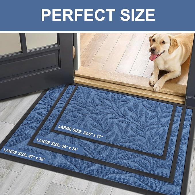 Smiry Front Door Mat Indoor Outdoor Entrance, Heavy Duty Natural Rubber, Trap Dirt and Moisture, Non-Slip Doormats, Low Profile, Easy Clean Patio Porch Entryway Mat, 29.5x17, Blue