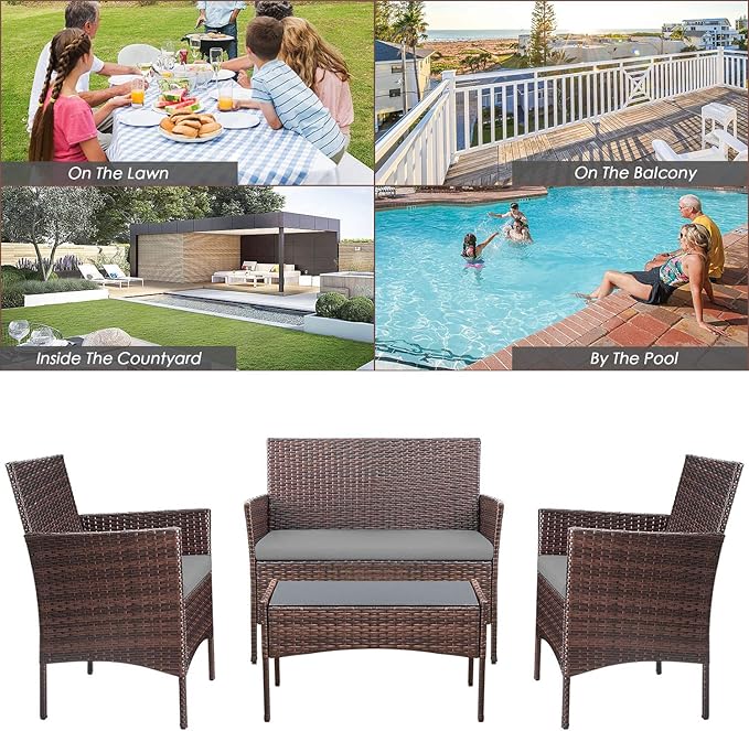 Homall 4 Pieces Outdoor Patio Furniture Sets Rattan Chair Wicker Set, Outdoor Indoor Use Backyard Porch Garden Poolside Balcony Furniture Sets (Grey)