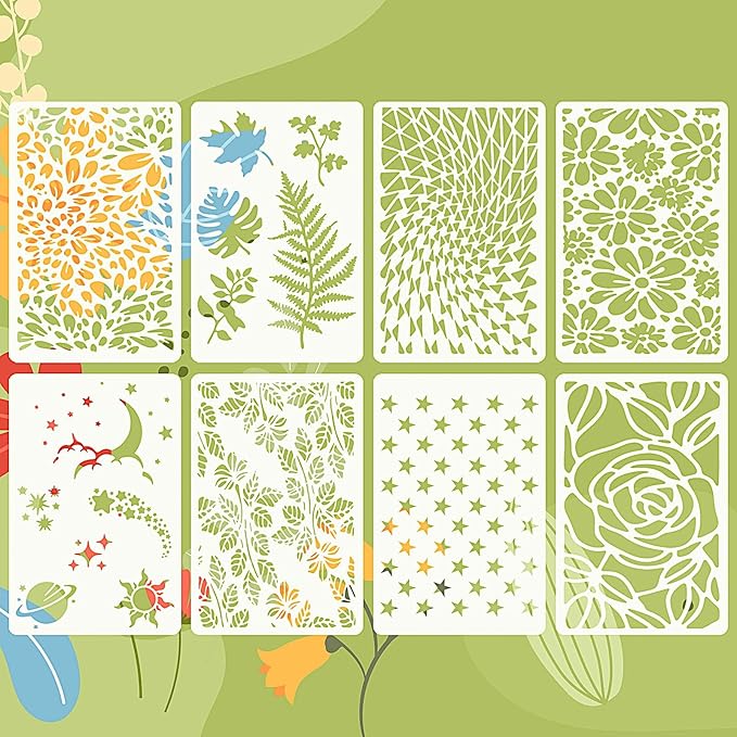 8 Pcs Reusable Mixed Painting Stencils, 11x7 Inch Wood Grain Flower Geometric Border Templates for for Painting on Wood Floor Wall Furniture Canvas DIY Home & Garden Decor