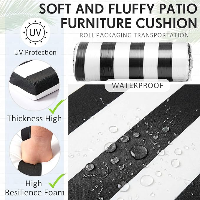 4 Pack Outdoor High Back Chair Cushion, 44 x 20 inches Patio Chair Cushions Waterproof Rocking Cushions Indoor Furniture Seat Pad, Weather Resistant (Stripe,Black White)
