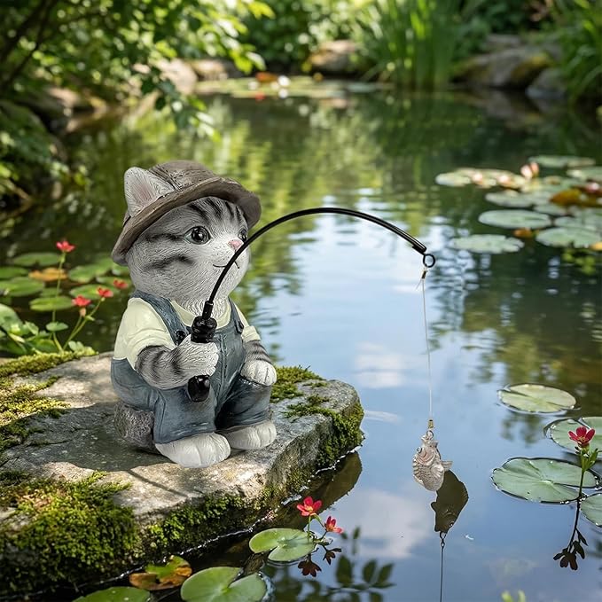 GARDEN WHISPER Cat Statue Outdoor Koi Pond Garden Decoration, Grey Cat Decor for Yard 7.1'' Fishing Tabby Statue Outdoor Garden Decor, Fishing Guy for Waterfalls or Koi Pond Additioanl, Gifts for Mom