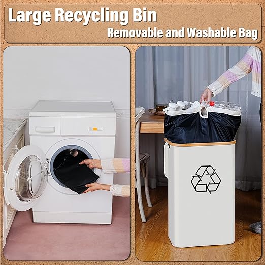 efluky Recycling Bin 100L, 26 Gallon Recycle Bins for Kitchen Indoor Outdoor Home with 2 Removeable and Reusable Inner Bag, Tall Recycle bin for Bottle Can Plastice Stickers (Beige)