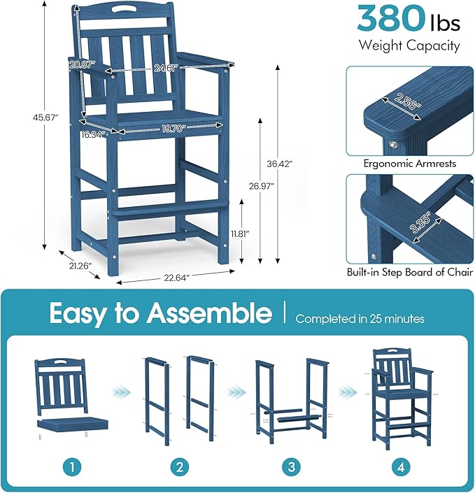 Ciokea Set of 2 Outdoor Tall Bar Chairs, 27" Bar Height Patio Stools with Arms & High Back, Heavy Duty All-Weather Adirondack Tall Chairs for Balcony, Poolside, Deck and Garden, Navy Blue