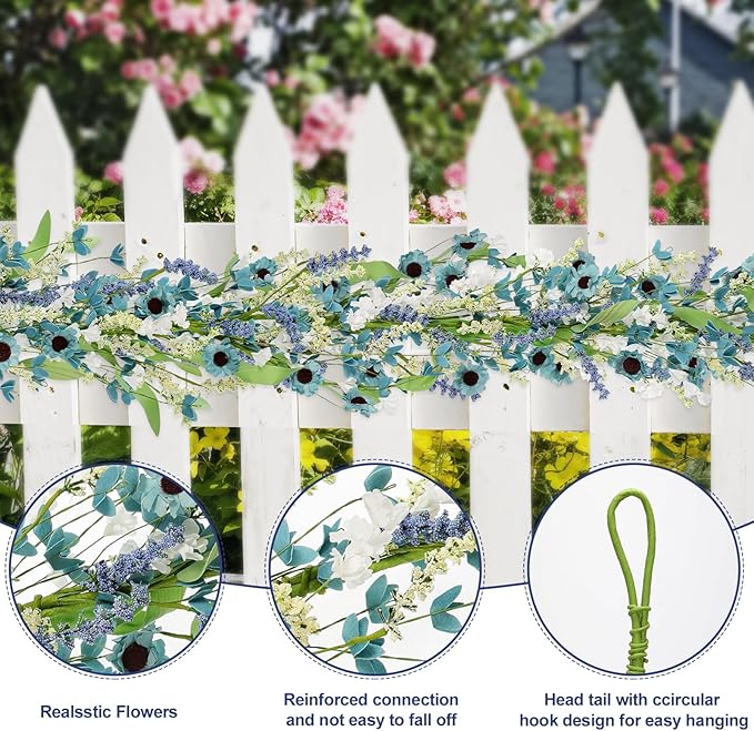 6FT Blue Flower Garland Fake Flowers Vines Faux Artificial Floral Garland Summer Spring Wreath Blueness with Green Leaves Wreaths Blue Daisy Artificial Grains Flower Wreath for Front Door Wreaths