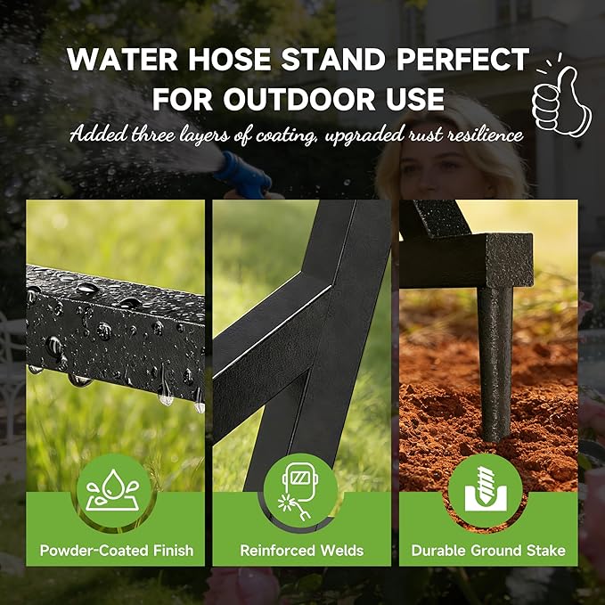 Garden Hose Holder, Heavy-Duty Metal Stand with Stable Base & 2 Tool Hooks, Freestanding Storage Rack for Outside, Holds 150ft – Hose Holders for Yard & Lawn