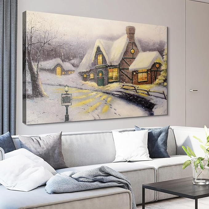 STUDIO HAVEN Thomas Kinkade Canvas Wall Art, Snowy Cottage Thatched Roof Glowing Windows Lantern Winter Serenity Cozy Oil Painting Poster Winter Wall Decor, Framed Prints for Home Decor, 40x28Inch