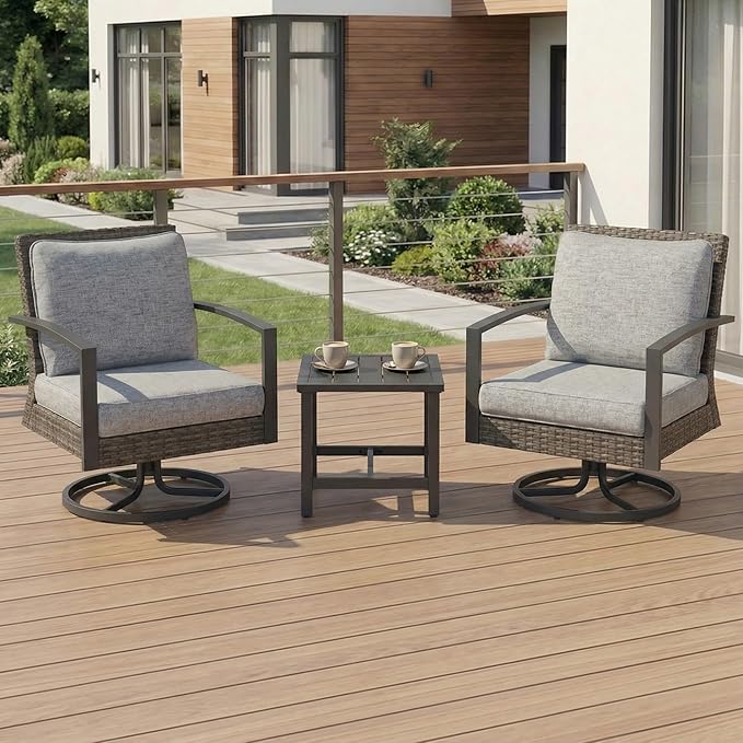 Green4ever 3-Pieces Patio Swivel Rocking Chairs Rocking with Sidetable, Metal Outdoor Rocking Chair, All Weather Rattan Patio Chairs for Porch, Bistro, Balcony, Grey