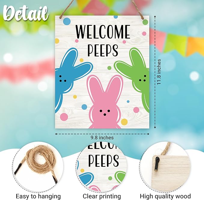 Easter Welcome Sign for Front Door, Welcome Peeps Easter Door Sign Decor, Rabbit Rectangle Wood Sign Hanger for Outdoor Farmhouse Garden Porch Home - C03