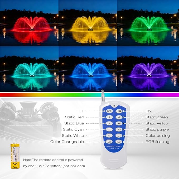 Stainless Steel Pond Fountain Aerator with 4 RGB Lights, Adjustable Light Color, Metal Floating Fountain Pump with 100FT Power Cord and Programmable Timer for Outdoor Large Ponds & Lakes