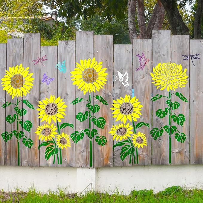 Large Flower Stencils for Wood Fence Outdoors Sunflower Floral Garden Fence Stencil for Painting on Walls Lace Crafts Reusable Home Canvas Furniture Paper (floral9)