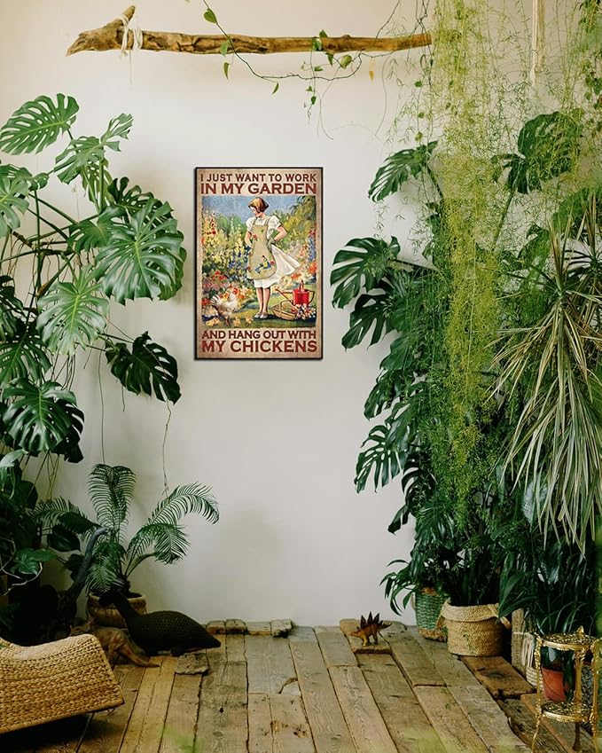 Vintage Garden Sign for Decor, I Just Want To Work In My Garden And Hang Out With My Chickens Gardening Decor Sign for Outdoor, Gardening Gift for Woman, Wife, Mama, Grandma 8x12"