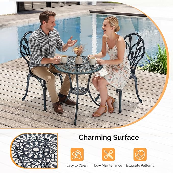 VINGLI 3 PCS Outdoor Bistro Set, Outdoor Patio Set, All-Weather Cast Aluminum Bistro Table Set, Bistro Table and Chairs Set of 2 for Backyard, Garden, Balcony (Green, Tulip)
