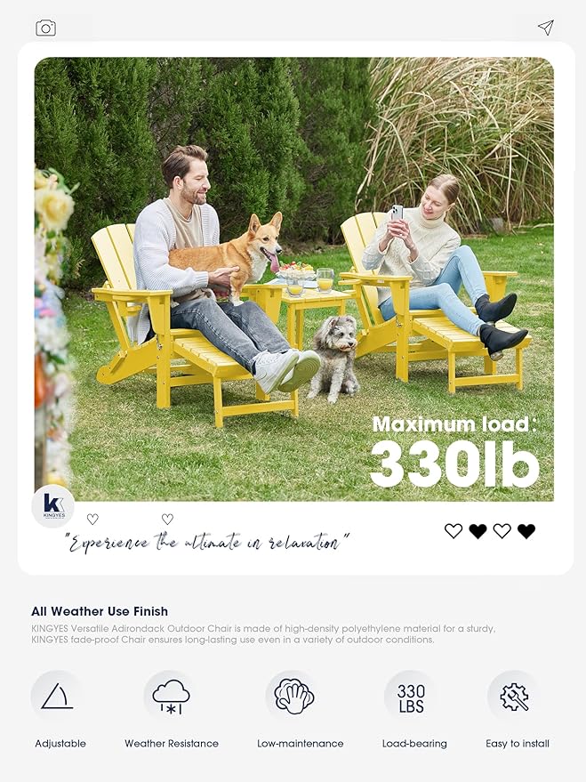 KINGYES Folding Adjustable Adirondack Chair with Ottoman & 2 Cup Holders, HDPE Adirondack Recliner Chair with Footrest, Yellow