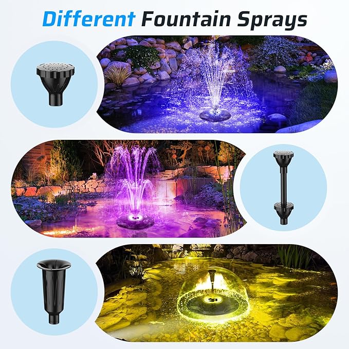 Anfraer Floating Pond Fountain with LED Lights, 660GPH RGB Floating Fountain with 3 Spray Modes, Pond Pump with 27FT Power Cord & 65.6FT Mooring Line for Pond Garden Fish Tank