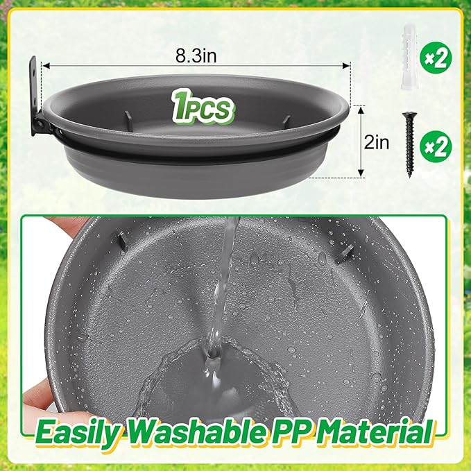 Fence Bird Feeders Tray - Tree Mounted Wild Bird Bath for Outdoors Place Food Water, Installed on Deck Wall Stakes with Heavy Duty Iron Ring, 8.3'' Dia. (Grey)