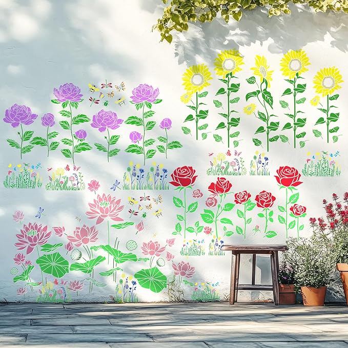 Zeyune 20 Pcs Large Fence Flower Stencils for Walls Painting 11x 13, 12 x 8 Inch Reusable Plastic Spring Floral Stencils for Crafts Outdoors Garden Walls Lace Crafts for DIY Wall Home Furniture Art