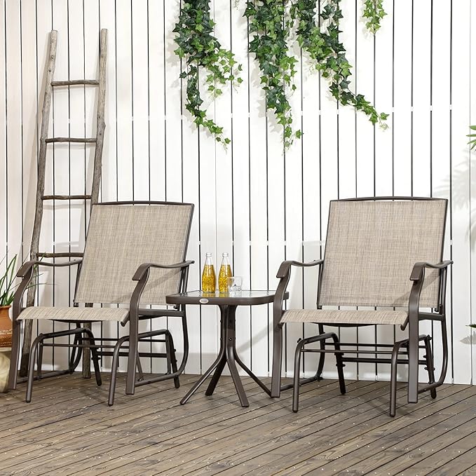 Outsunny 3 Piece Outdoor Glider Chair with Coffee Table Bistro Set, 2 Patio Rocking Swing Chairs with Breathable Sling Fabric, Glass Tabletop, for Backyard, Garden and Porch, Mixed Brown