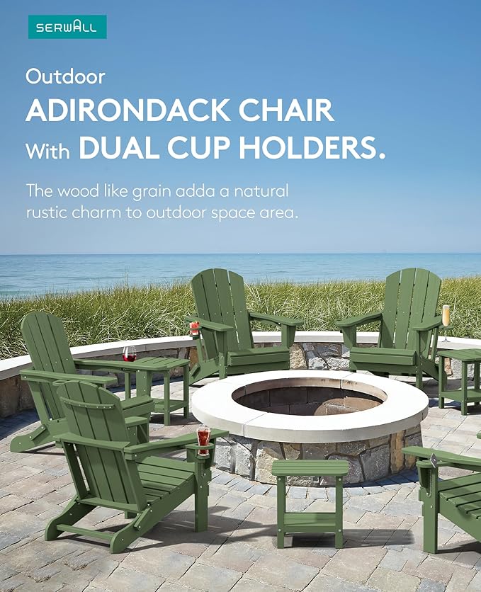 SERWALL Adirondack Chair with Cup Holders - Composite Adirondack Chairs Set of 8 HDPE Outdoor Chairs All Weather Use- Avocado