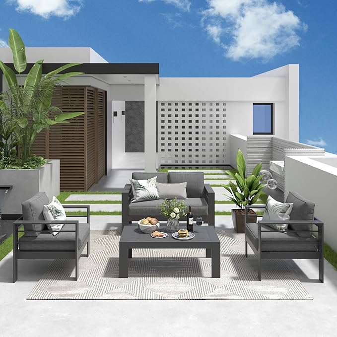 Solaste Aluminum Patio Furniture Set for All Weather, Oversized Metal Outdoor Furniture Set with 27.5" Deep Seating and 3.2" Wide Armrest, Outdoor Patio Conversation Sets with 10" Back Cushion, Gray