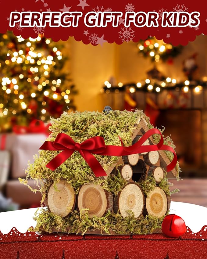 Spring Wren Bird House for Outside - Hard Wood Bird HouseNest Box for Outdoor - Moss Bird House with Cedar Rings- Gifts for Nature Lovers - Pole Mountable Bird House - 1.125" Entrance