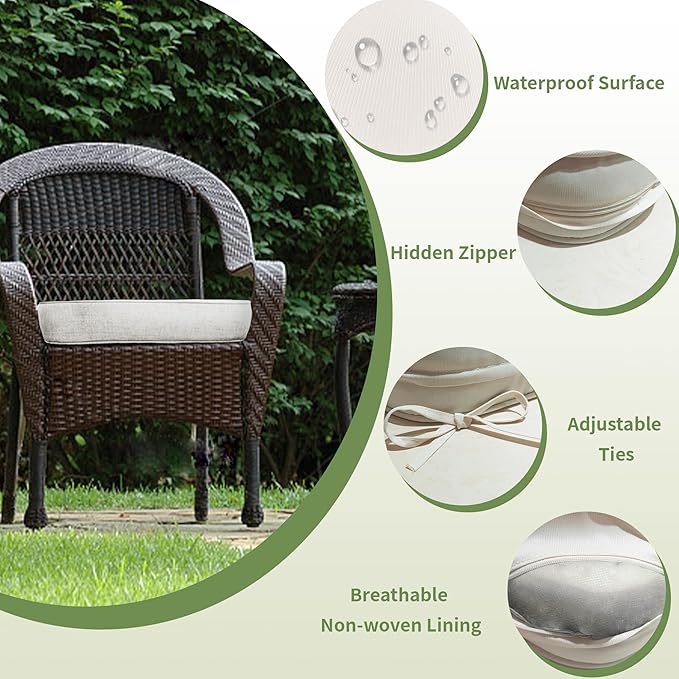 17"x 16"x 3" Patio Chair Cushions Set of 2, Waterproof Outdoor Chair Cushions, Patio Seat Cushion with Adjustable Ties, Beige