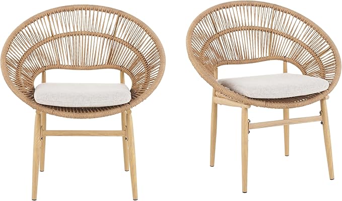 Christopher Knight Home Cyril Papasan Chair Set of 2, Patio Wicker Dining Chair, Patio Furniture Set, Comfy Reading Single Sofa with Cushion, Light Brown+Beige