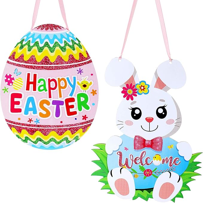 Jetec 2 Pieces Easter Door Decorations Glitter Happy Easter Egg Hunt Wooden Hanger Easter Egg Bunny Hanging Door Wall Welcome Sign for Home Indoor Outdoor Easter Decor Supplies
