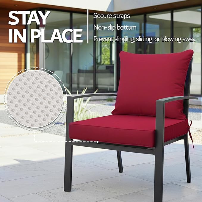 24x24 Inch Outdoor Chair Cushions Set of 4, Patio Furniture Cushions - Removable Cover, Water-Repellent, Fade-Resistant, Non-Slip Bottom & Straps, Replacement for Deep Seat Sofa & Couch - Burgundy