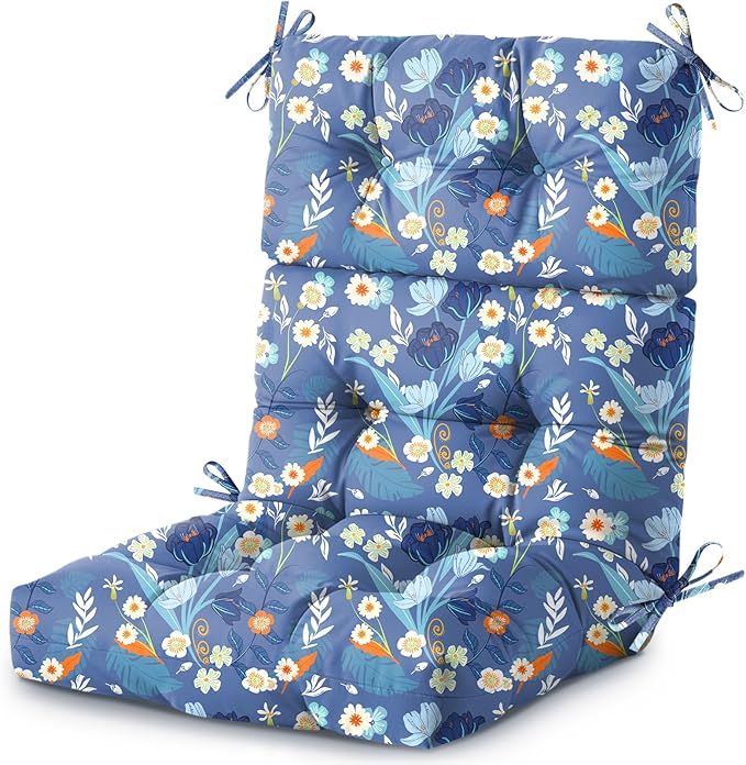 Outdoor/Indoor High Back Chair Cushion, Waterproof Outdoor Rocking Chair Cushion with Ties, Tufted Replacement Seat Cushions for Outdoor Furniture, Blue Floral