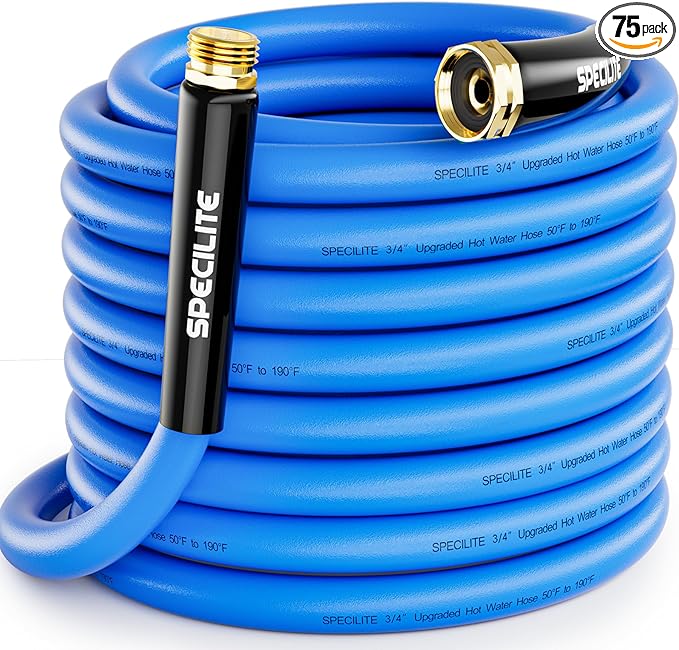 SPECILITE Hot/Cold Garden Water Hose 75 ftx 3/4 in, -50℉ To 190℉, Heavy Duty, Flexible, Burst 605 Psi, Lightweigh, Upgraded Rubber Pipe with 3/4" Brass Fittings For Backyard, Outdoor, Farm, Blue