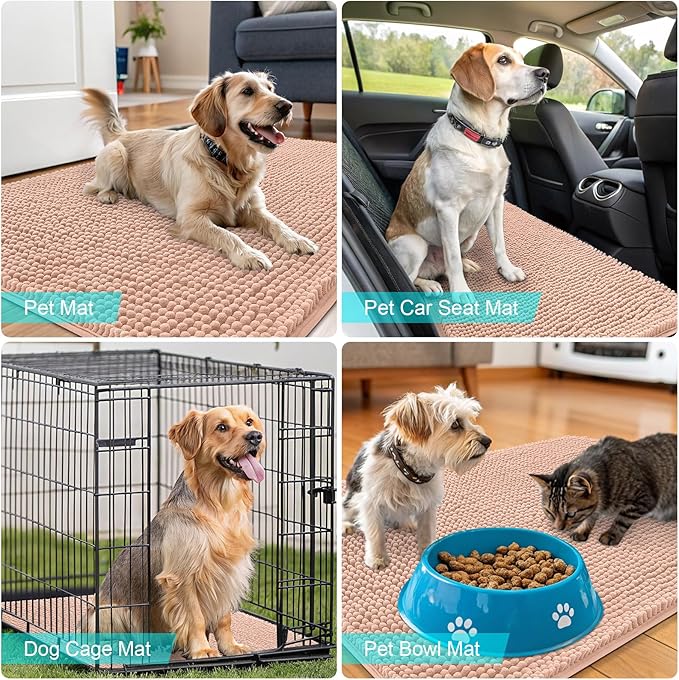 OLANLY Dog Door Mat for Muddy Paws 30x17, Absorbs Moisture and Dirt, Absorbent Non-Slip Washable Doormat, Quick Dry Chenille Mud Mat for Dogs, Entry Indoor Entryway Carpet for Inside Floor, Peach