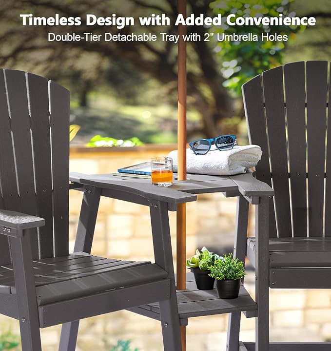 PASAMIC Tall Adirondack Chair Set of 2, All-Weather HDPE Outdoor Chairs with Removable Double Trays, Bar Height Adirondack Chairs for Balcony, Deck, Patio, Backyard, Light Gray