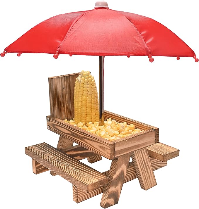 Squirrel Feeder Picnic Table with Umbrella, Wooden Squirrel Table Feeder Outside Funny with Corn Cob Holder for Yard and Porch Decoration, Easy to Fill Peanuts in Shell and Nuts
